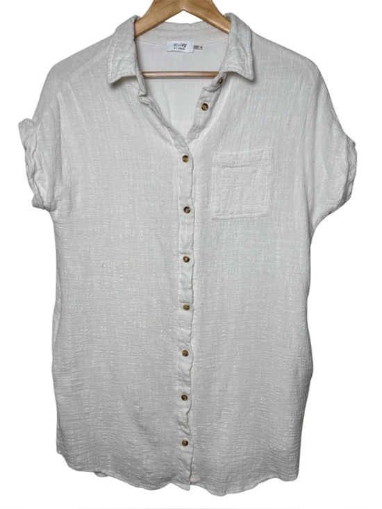 Bluivy Tops - Coastal Button Down Top Womens Medium White Pockets Beach Travel Textured Resort